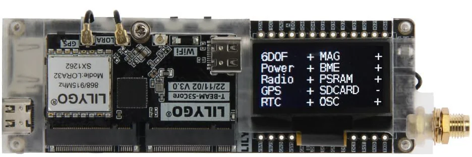 Front of the LILYGO T-Beam Supreme: the display, the LoRa module and the T-Beam S3 core, the USB-C socket and the antenna socket.